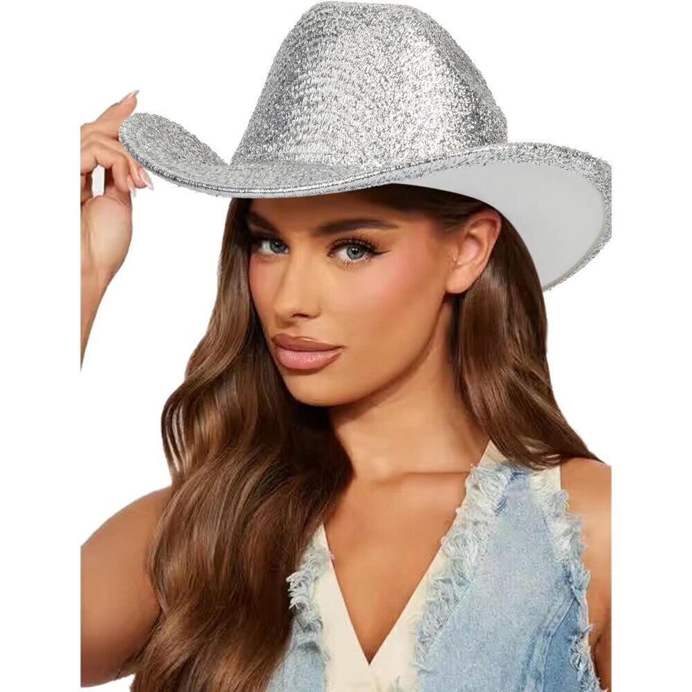 Women Western Glitter Cowboy Hat Sparkle Cowgirl Fedora for Parties